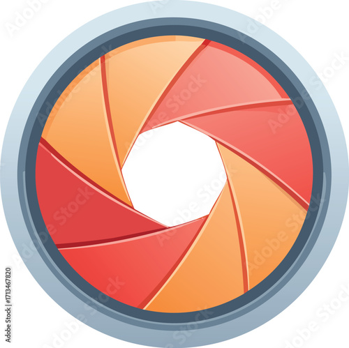 A stylized graphic representation of a camera lens aperture, showing overlapping blades.