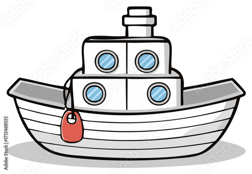 Cute cartoon fishing boat or tugboat illustration. Simple vector drawing of a small ship with portholes.