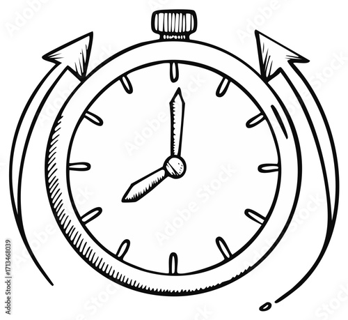Hand drawn clock with up arrows indicating forward movement of time