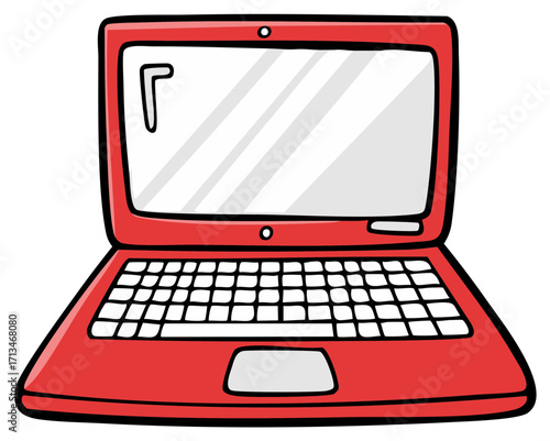 Vibrant red doodle style laptop computer illustration, perfect for technology, education, and digital communication concepts.