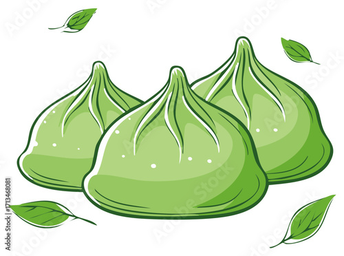 Green food items with leaves, illustration of a healthy, tasty, fresh food concept