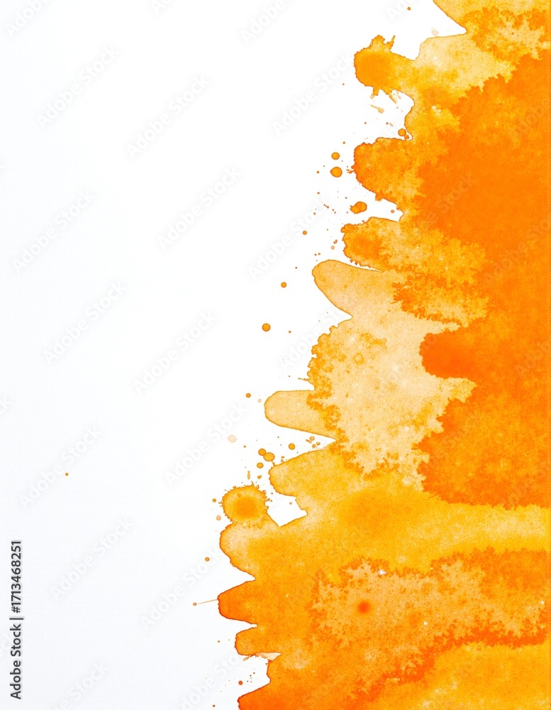 Fototapeta premium A vibrant piece of orange paint splattered on textured paper, blending beautifully with soft watercolor washes in shades of yellow and red.