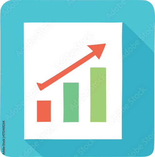 Flat design icon representing business growth and financial progress with bar chart and upward trending arrow a clear visual for data analysis