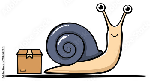 Cute cartoon snail slowly moving towards a delivery box for parcel service concept