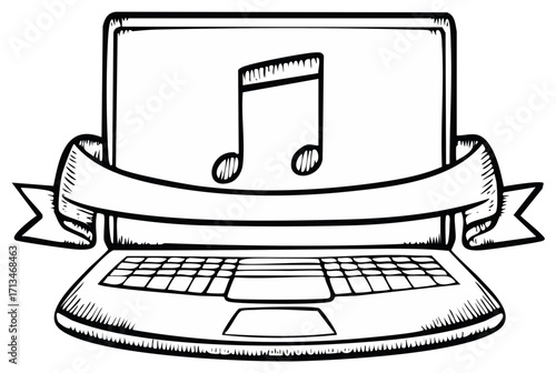 Digital Music Concept Laptop Computer with Musical Note and Blank Banner for Messaging in Black and White