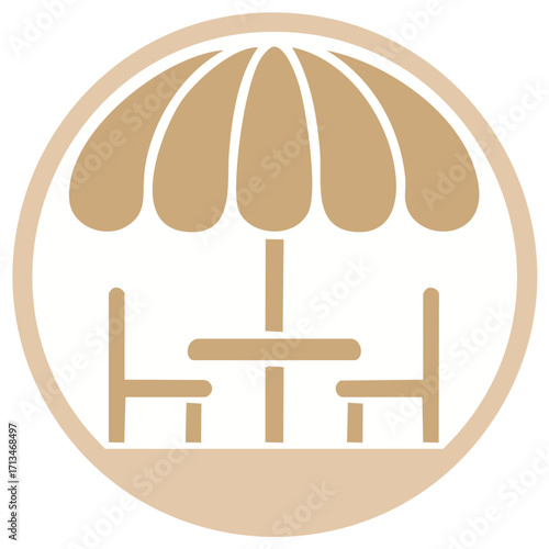Elegant beige flat design icon for an open air bistro with umbrella table and chairs