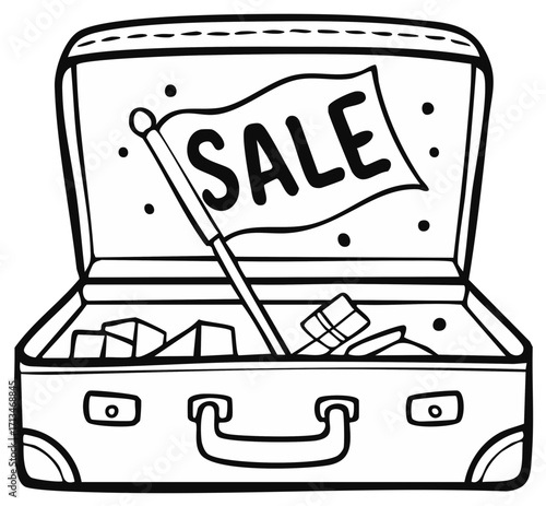 Open Suitcase Filled with Products, Sale Flag, Doodle Style, Outline Illustration