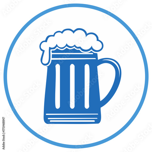 Vector illustration of a classic blue beer mug filled with frothy foam contained within a clean circular frame