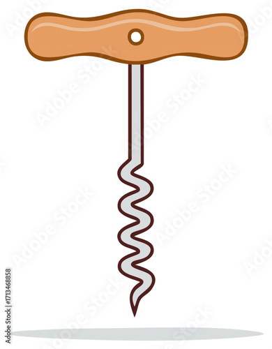 Traditional wine corkscrew with brown wooden handle and gray metal spiral opener illustration
