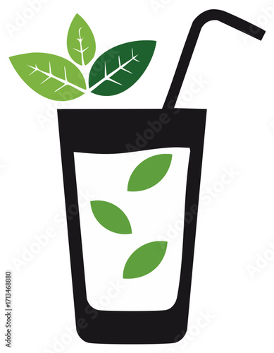 Refreshing Cold Beverage with Mint Leaves and Straw Vector Icon