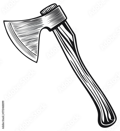 Vintage woodcut style axe illustration with sharp blade and wooden handle a rustic hand tool design