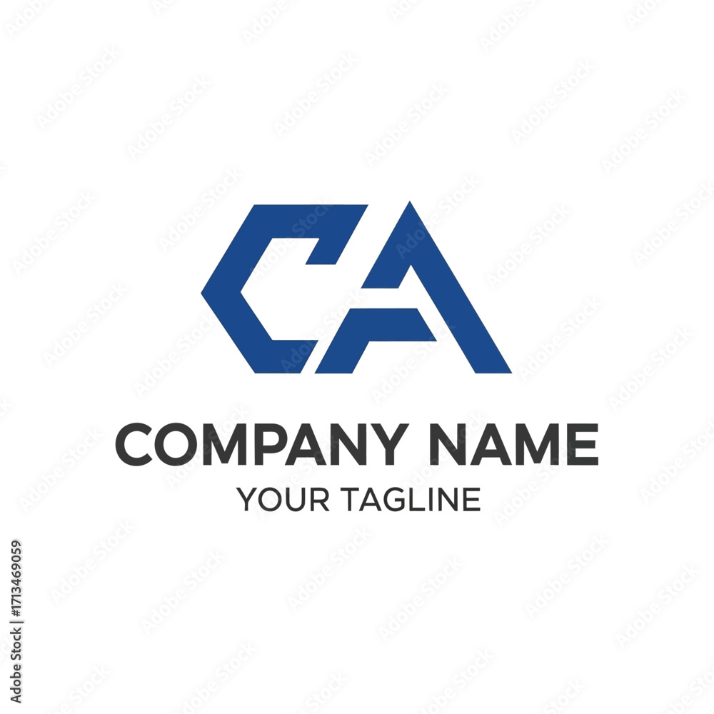 Fototapeta premium Modern blue geometric logo design featuring the letters C and A, with placeholder text for a company name and tagline.