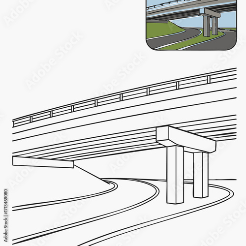 Highway Overpass Line Drawing Road Bridge Illustration.