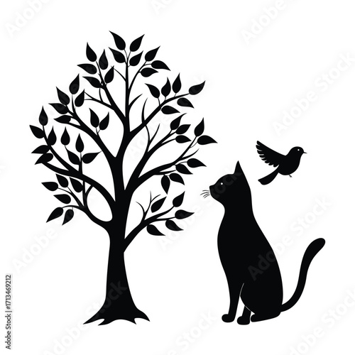 Black silhouette of a cat and a bird near a tree animal