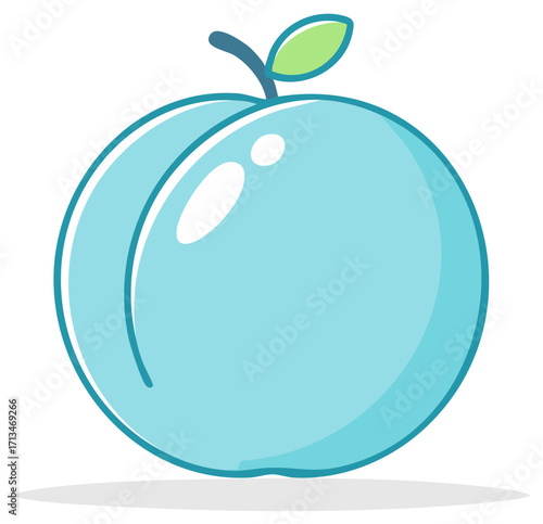 Stylized Light Blue Peach Fruit With Stem, Leaf, and Outline - Vector Illustration