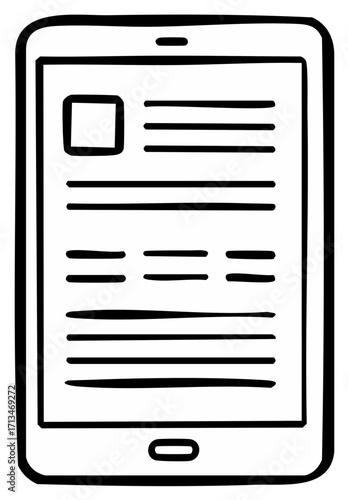 Tablet Hand Drawn Illustration with Content Display, Black Outline, Communication Concept.