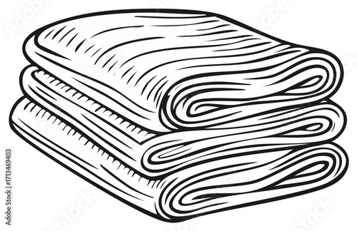 Illustration of a Stack of Folded Towels or Clothes with Textured Detail and Linear Outline Black and White