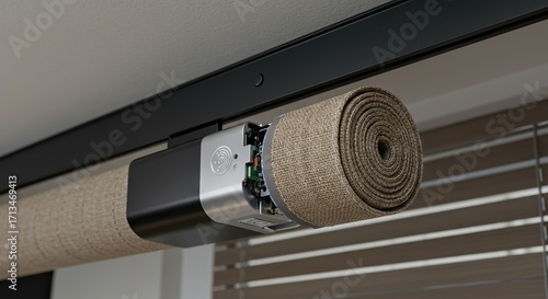 Motorized roller blind detail showing fabric roll motor and track system