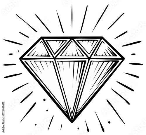Hand drawn diamond with radiating sparkle lines and dots in black and white sketch style
