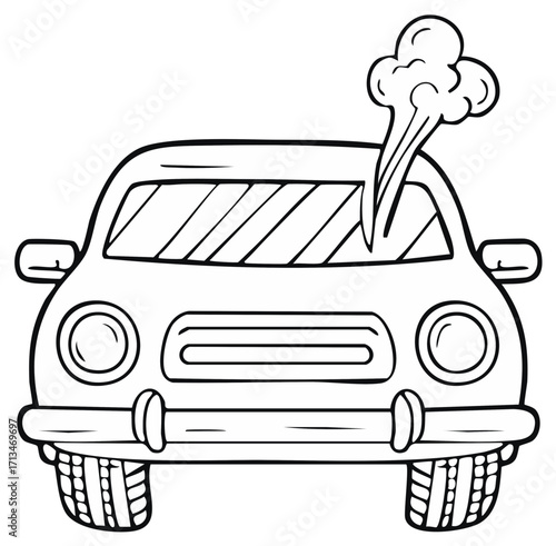 Cartoon Car Overheating with Smoke Black and White Line Art