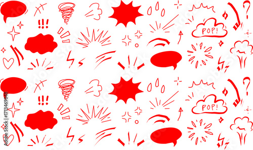 Set of red hand-drawn comic doodles with speech bubbles, bursts, clouds, and dynamic action lines on white background, perfect for pop art, manga, and retro designs.
