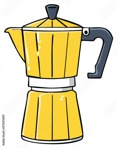 Cartoon illustration of a yellow stovetop coffee maker in a whimsical style