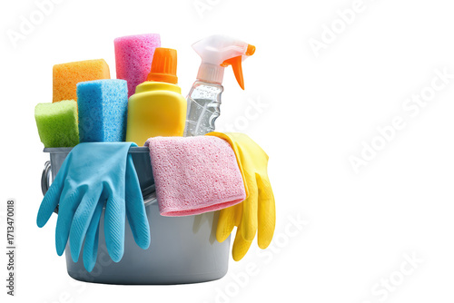 Colorful cleaning supplies in a bucket (1)