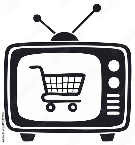 Shopping cart icon displayed on a vintage television screen with antennas