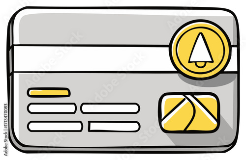 Hand drawn financial payment card illustration with digital notification alert and modern security chip