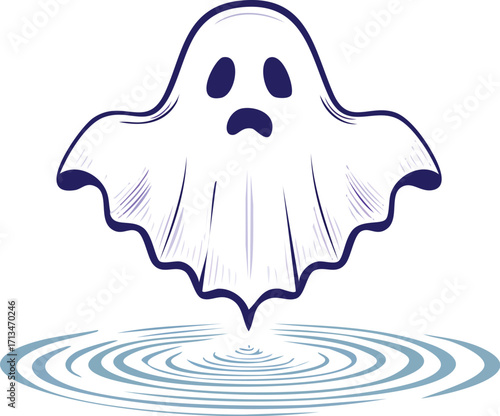 A simple, outlined ghost floats above rippling water.
