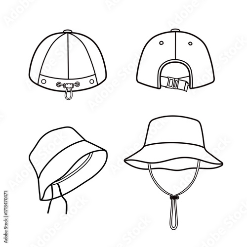 Vector illustration of adjustable hat cord and strap designs on baseball cap and bucket hat isolated on transparent background