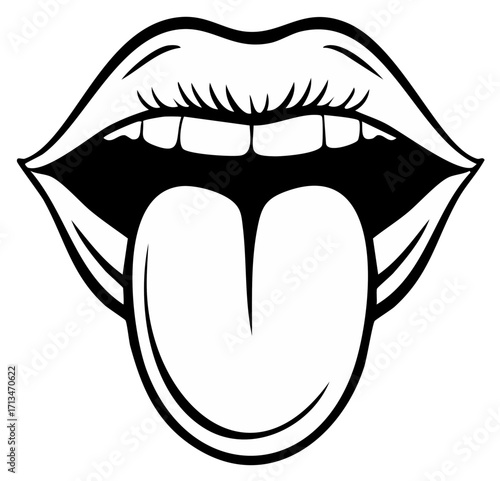 Black and White Illustration of Open Mouth with Tongue Sticking Out
