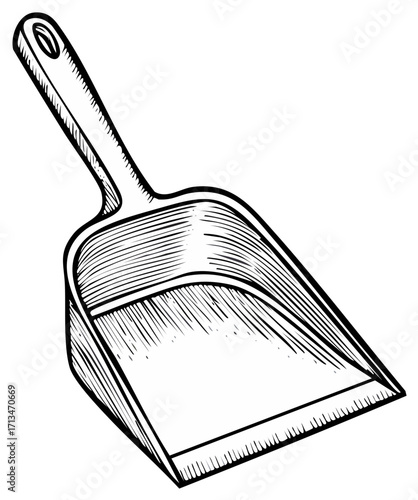 Black and white linocut style illustration of a dustpan for cleaning home or office floors