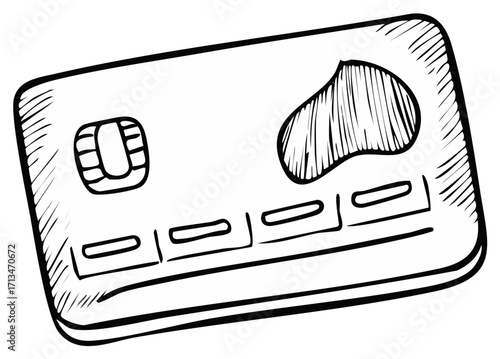 Hand drawn sketch of a credit card with a chip and magnetic stripe detail