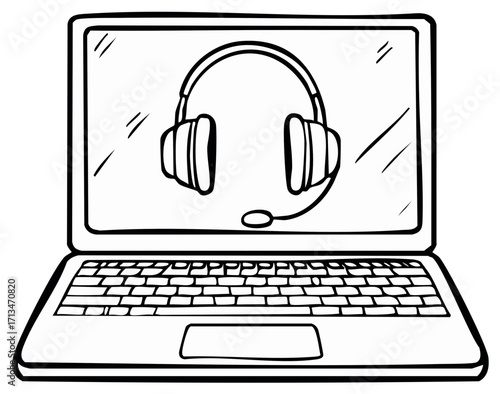 Laptop screen with a headset illustration, call center concept