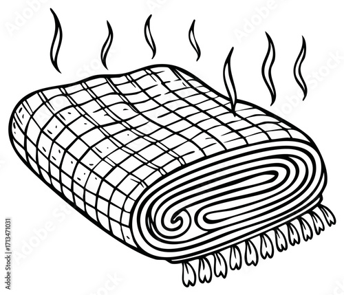 Graphic illustration of a checkered, rolled blanket or rug with fringe and rising steam.