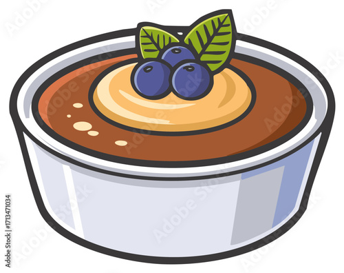 Cartoon style sweet dessert with blueberries and mint leaves in a white dish