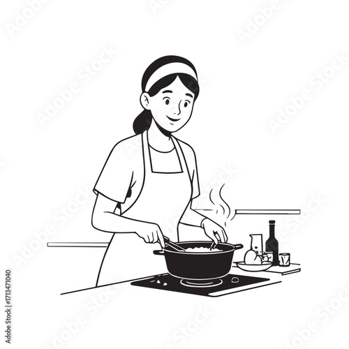 Black and White Vector Illustration of a Smiling Woman Cooking in Kitchen with Apron and Headband
