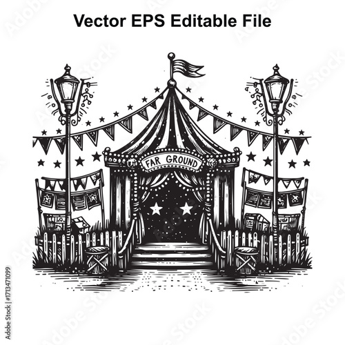 Vector art of vintage circus tent entrance with flags and street lamps