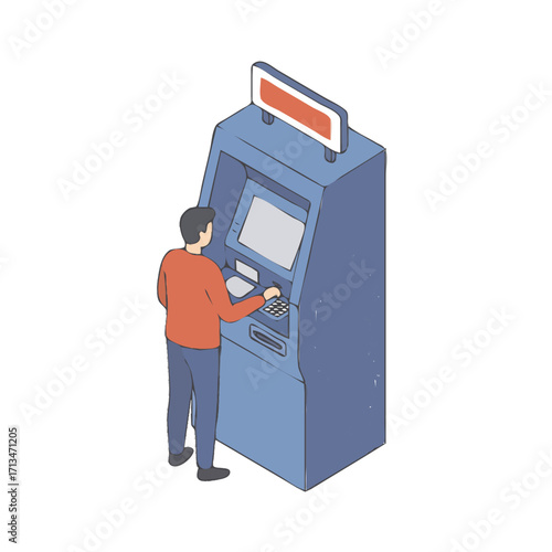 A man in an orange shirt uses an ATM machine, inserting his card into the slot.
