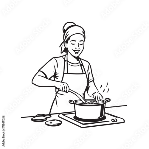 Black and White Vector Illustration of a Smiling Woman Cooking in Kitchen with Apron and Headband
