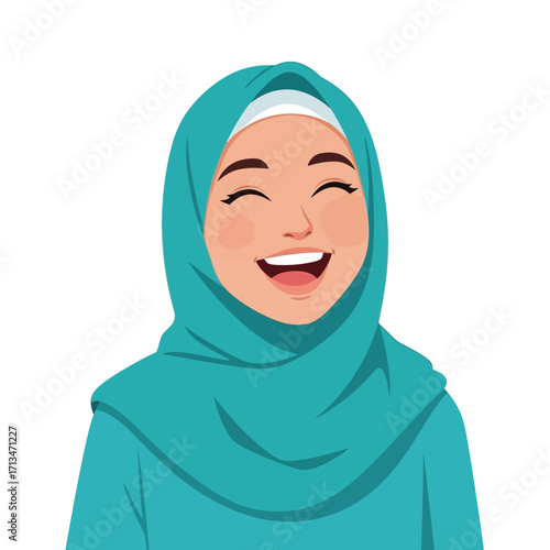 Smiling muslim woman wearing turquoise hijab laughing joyfully against white backdrop expressing happiness and positive emotions.