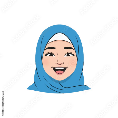 Smiling muslim woman wearing blue hijab expresses joy and happiness with an open mouth in a simple portrait, radiating positivity and cultural representation.