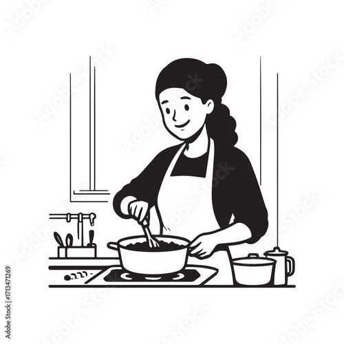 Black and White Vector Illustration of a Smiling Woman Cooking in Kitchen with Apron and Headband
