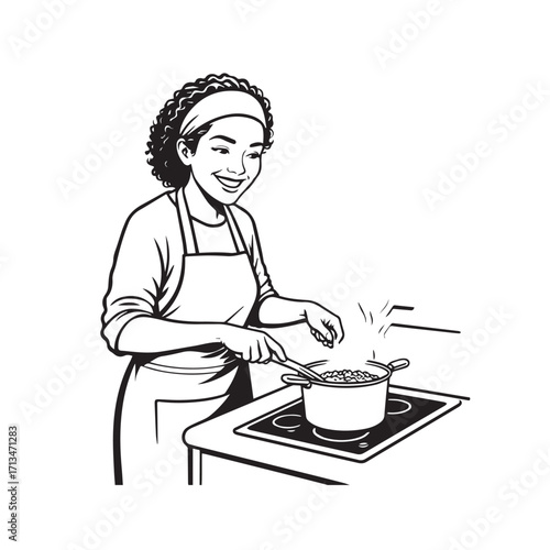 Black and White Vector Illustration of a Smiling Woman Cooking in Kitchen with Apron and Headband
