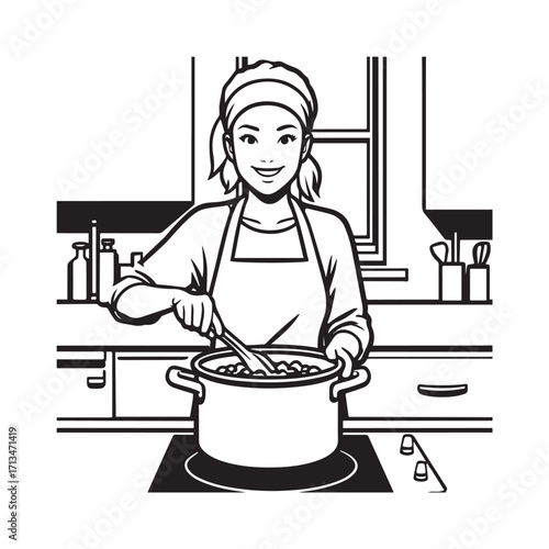 Black and White Vector Illustration of a Smiling Woman Cooking in Kitchen with Apron and Headband
