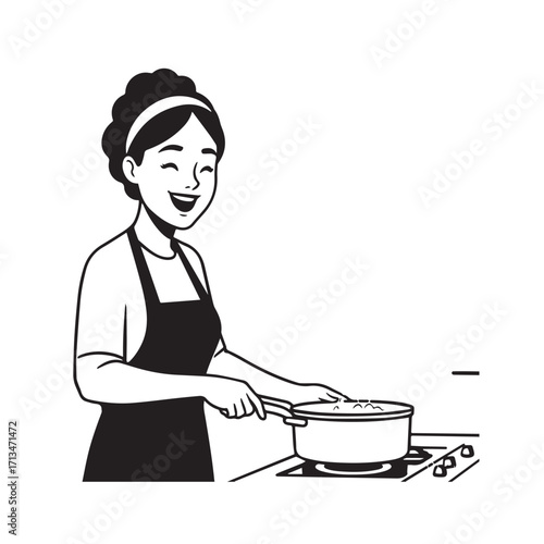 Black and White Vector Illustration of a Smiling Woman Cooking in Kitchen with Apron and Headband
