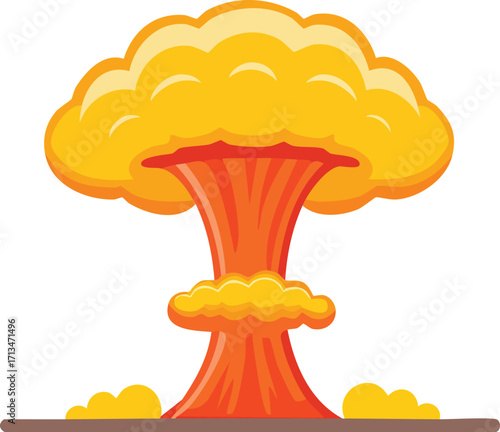 A stylized cartoon illustration of a nuclear explosion, depicting a mushroom cloud and fiery orange plume.
