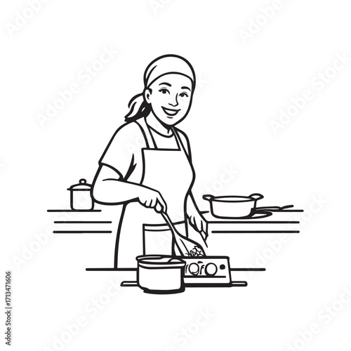 Black and White Vector Illustration of a Smiling Woman Cooking in Kitchen with Apron and Headband
