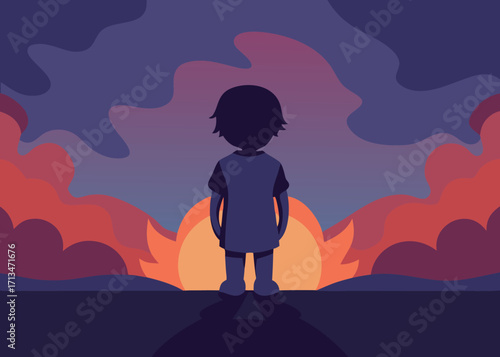 Young child silhouetted against a vibrant sunset sky, contemplating the vastness of the world and future possibilities.
